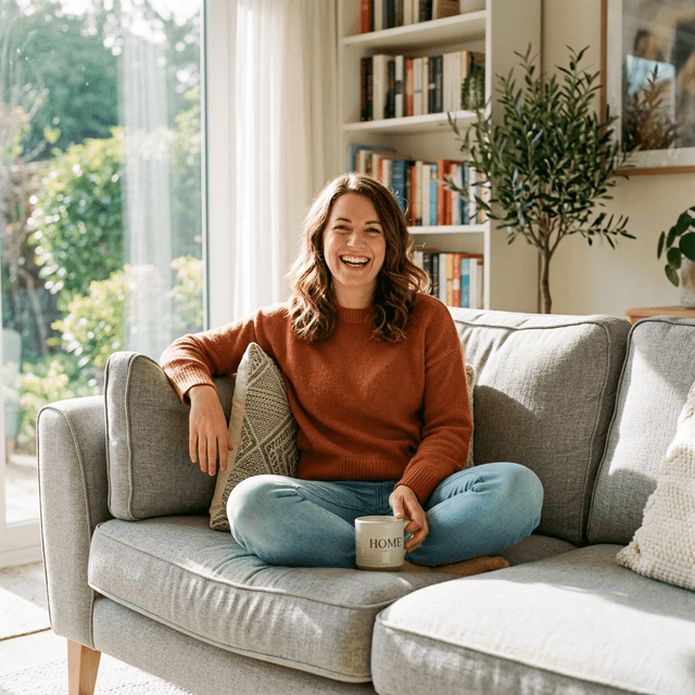 Cliente feliz e relaxando em seu sofá limpo e seco imediatamente após o serviço